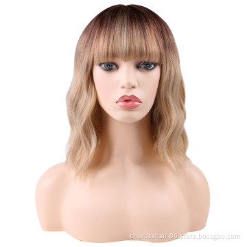 Wholesale Machine Made Water Wave Pink Wig With Bangs Cheap Cosplay Pixie Curls Short Bob Synthetic Hair Wigs With Highlights